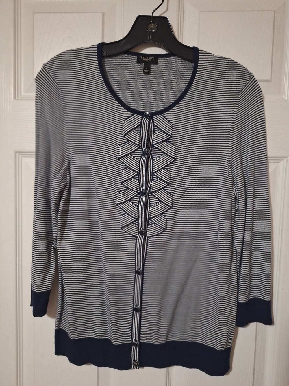 Talbots Navy and White Striped Button Front Women's Light Cardigan Size Medium